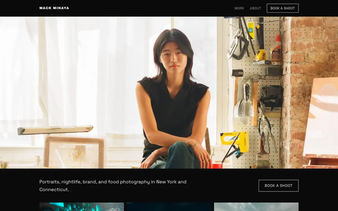Mack Minaya homepage: a full-width studio portrait above a row of gallery tiles.