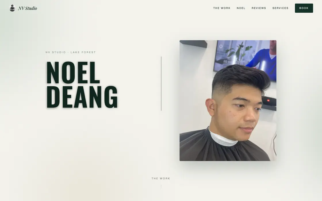 NV Studio homepage: the barber’s name in heavy type beside a photo of a finished cut.